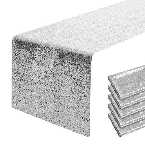 6 Packs 12 x 108 inches Silver Sequin Table Runner Glitter Silver Table Runne…