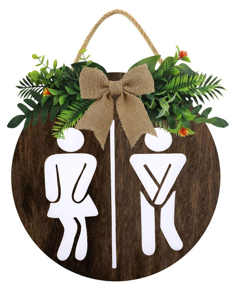 KPSheng Unisex Bathroom Front Door Sign Funny Wreaths Hanging Wooden Plaque D…