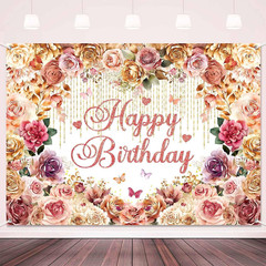 Rose Flower Happy Birthday Backdrop Banner Rose Gold Pink Flowery Birthday Pa…