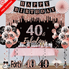 40th Birthday Decorations for Women, Happy Black Rose Gold