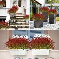 Ouddy Decor 16 Bundles Artificial Plants Outdoor Fake Grass Large, Red