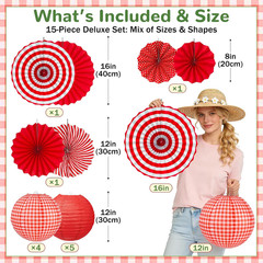 15 Pcs Red Gingham Party Decorations, 12 Inch Hanging Paper Lanterns and Fans fo