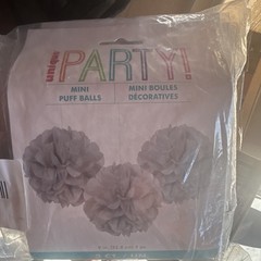 Unique Mini Puff Balls White Paper Party Decorations 9in 3 Count Solid Grey