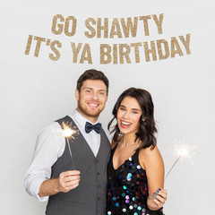 Pre-Strung Go Shawty It’S Ya Birthday Banner – Gold Glitter Funny Banner | No DI