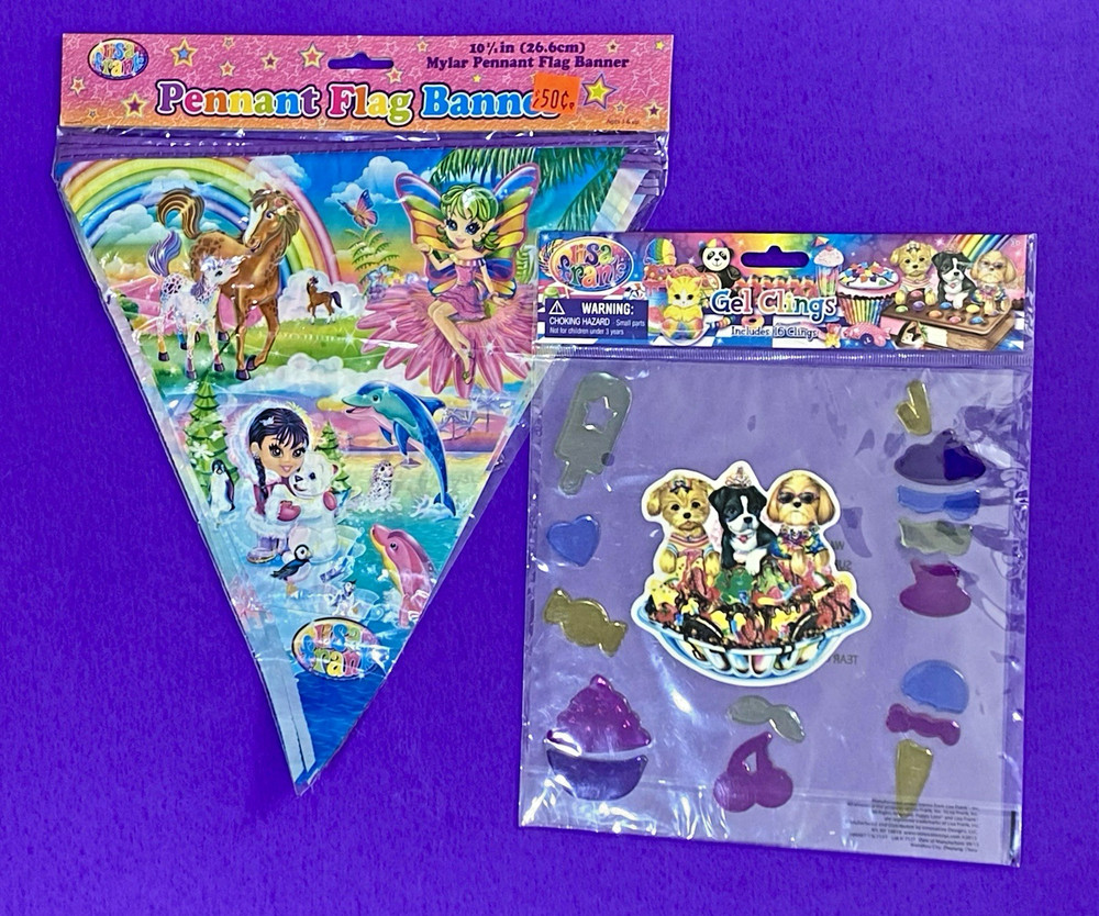 Lisa Frank Mylar Flag Banner Pennant & Window Gel Clings Dog Horse Dolphin Fairy