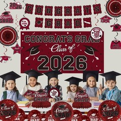 Maroon Graduation Decorations Set 2026 – Congrats Grad Banner, Backdrop, Balloon