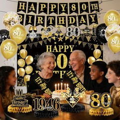 80th Birthday Decorations for Women Men, 18PCS Black Gold Back in 1945 Banner…