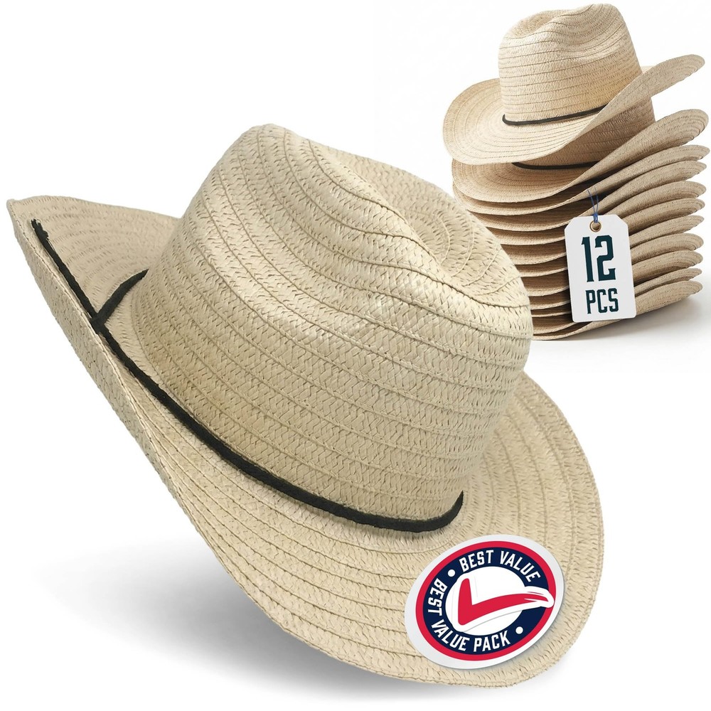 Straw Cowboy Hats 12 Pack – 24″ Circumference Western Style for Men & Women –…