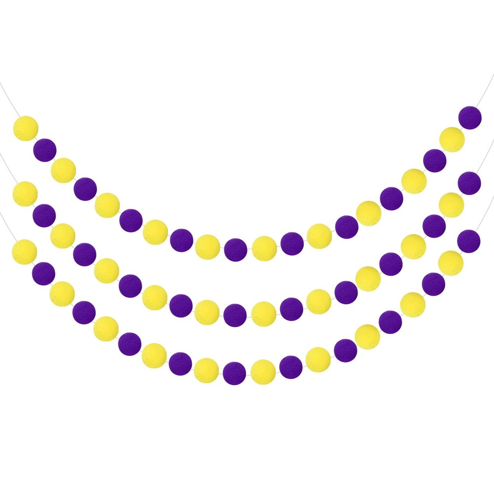 3pcs Pom Pom Garland 6.6 ft 20 Balls for Crafts Decor(Deep Purple, Yellow)