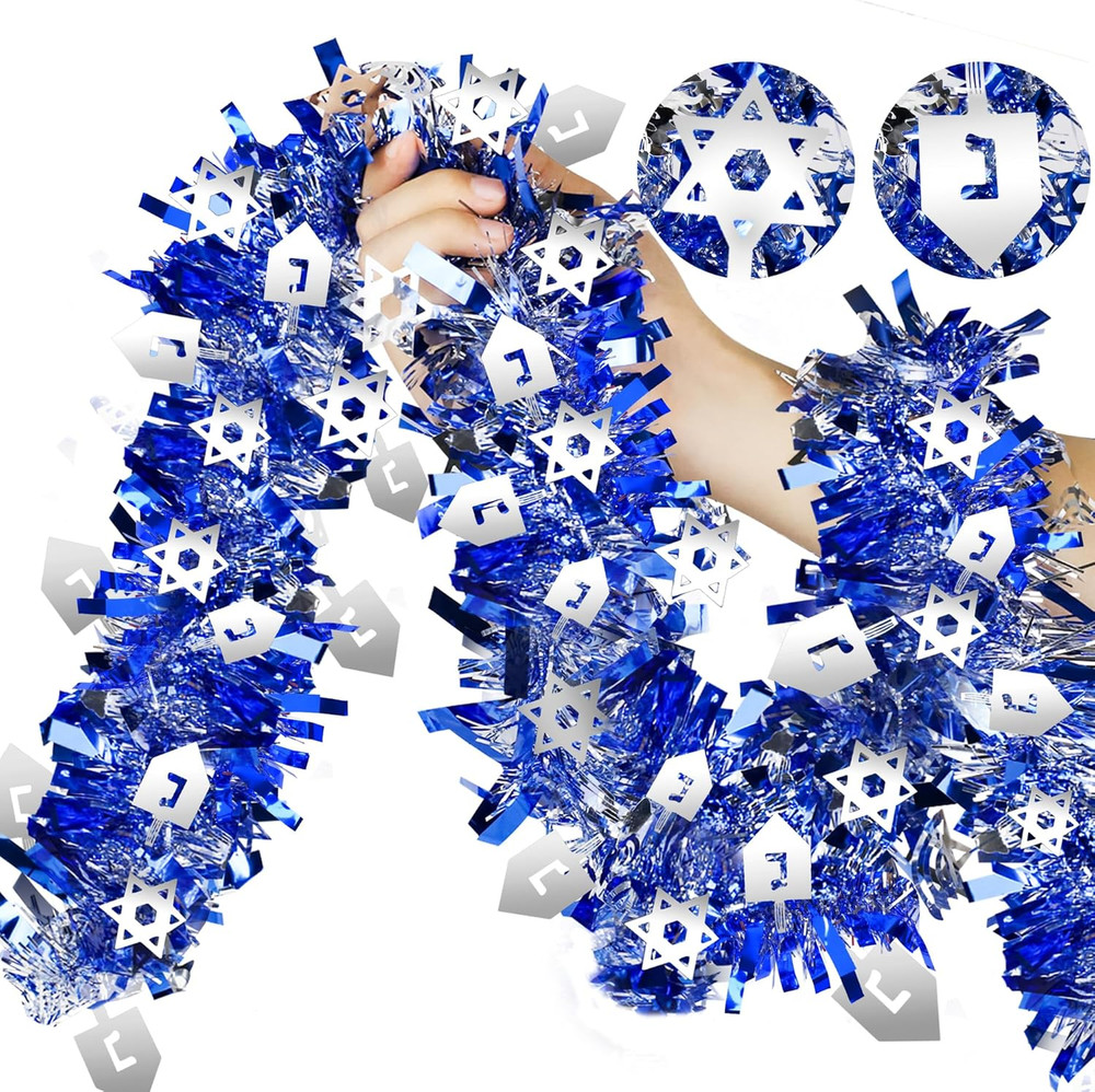 Hanukkah Tinsel Garland 36Ft Set Dreidel Star Blue Metallic Indoor Outdoor Decor
