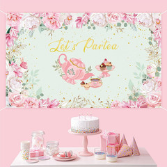 6 x 3.6 ft Tea Party Backdrop Decorations, Pink Floral Tea Decor Banner, Let’s P
