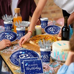 142 Pcs 65th Birthday Tableware Set Decorations Sliver and Blue 65th Happy Bi