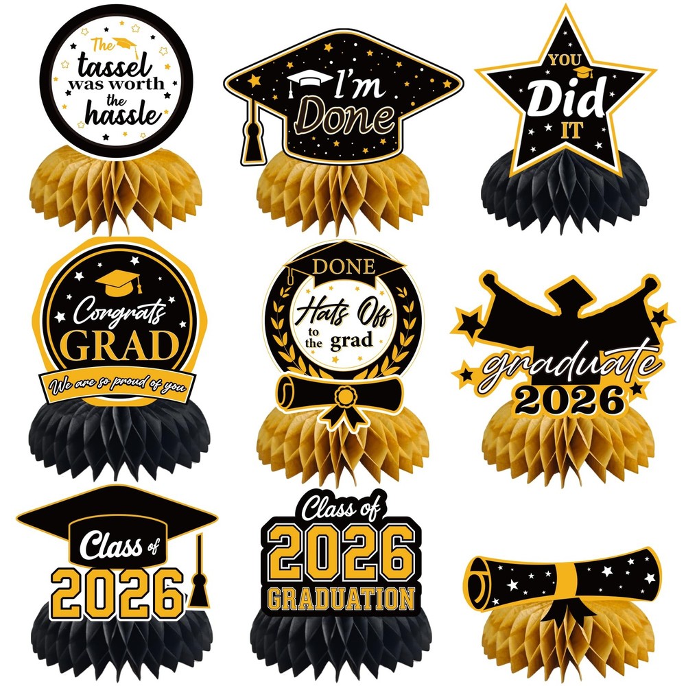 Graduation Decorations 2026 Black Gold Honeycomb Table Centerpiece Class of 2026