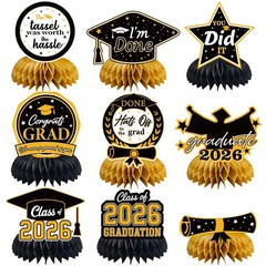 Graduation Decorations 2026 Black Gold Honeycomb Table Centerpiece Class of 2026