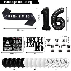 Happy 16th Birthday Decorations for Boys Girls, Black and Silver
