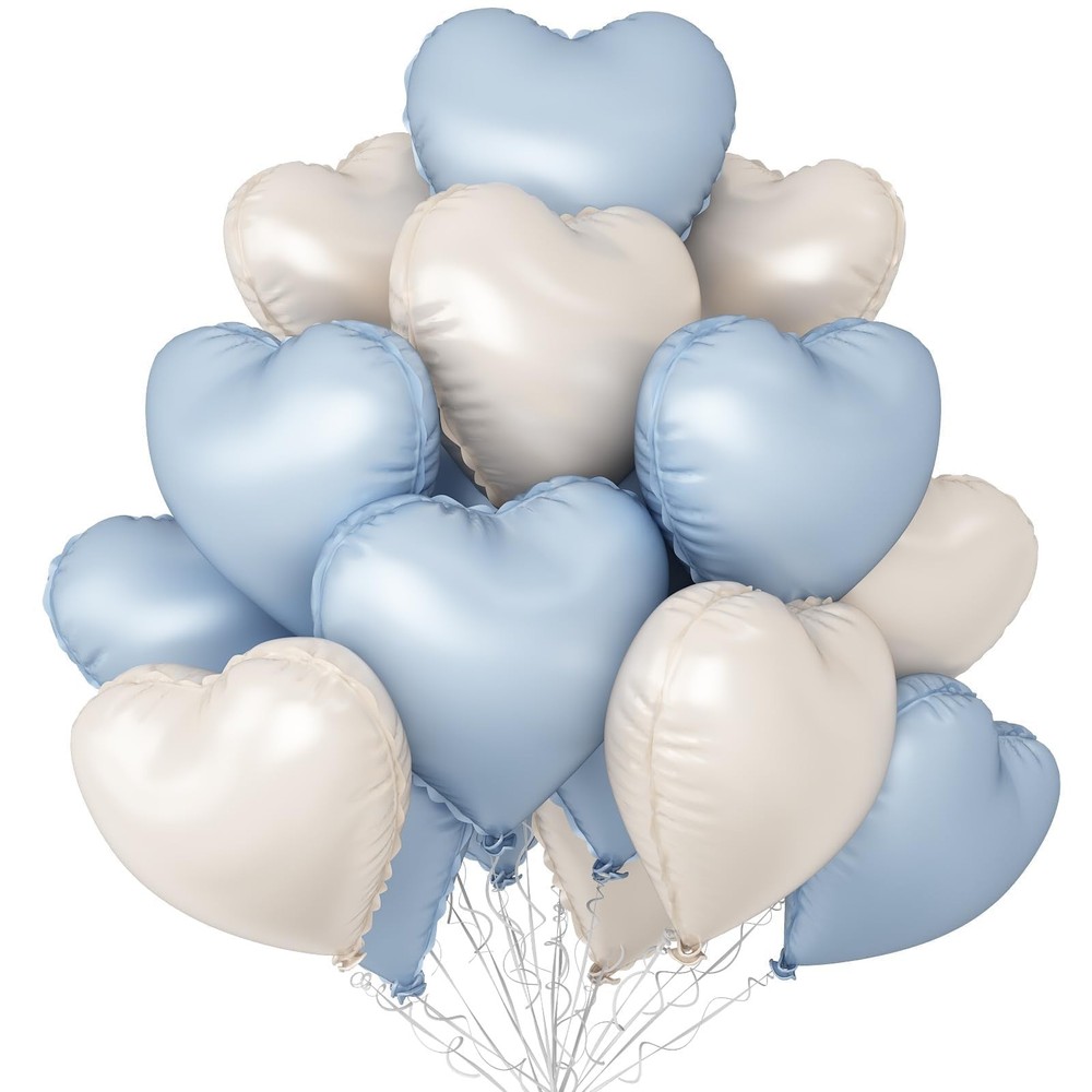 Baby Blue White Heart Balloons,12Pcs 18 Inch Blue Cream Foil Love Heart Shape…