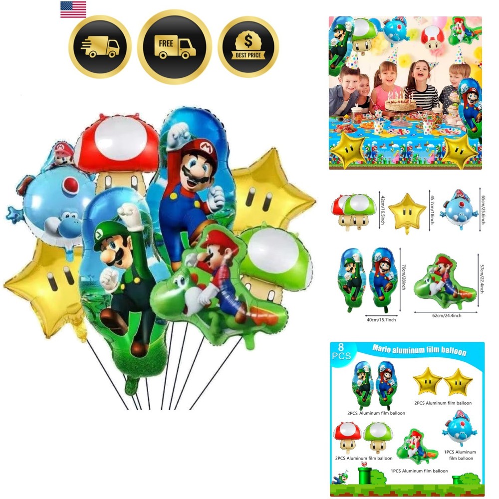 8-iece Suer Mario Aluminum Balloon Set – Suer Mario & Classic Design, Vibrant…