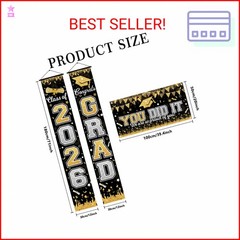 Graduation Decorations Class of 2026 Graduation Banner 3 Pieces Set Black Gold C