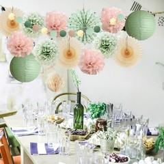 Sage Green and Blush Pink Party Decorations Lanterns Sage Green Cream Fans Li…