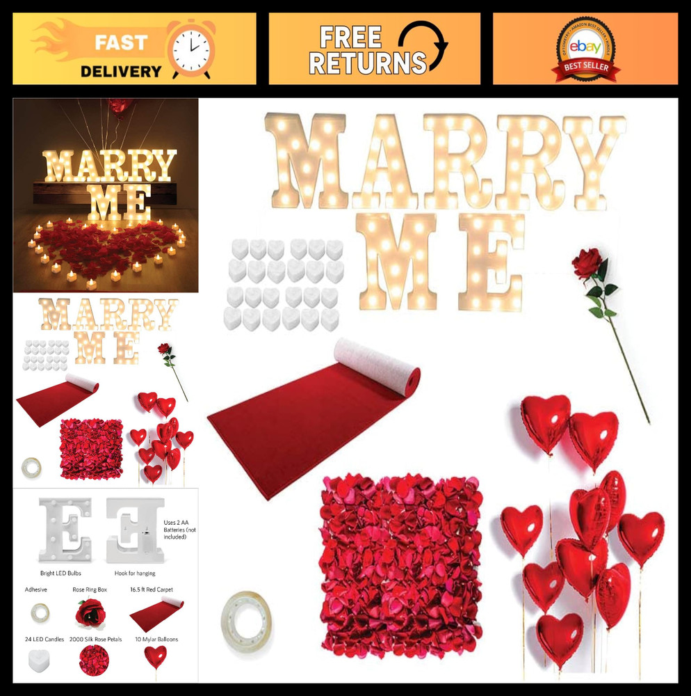 Engagement Proposal Decoration Kit – Light Up Letters, 2000 Rose Petals, Heart C
