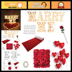 Engagement Proposal Decoration Kit – Light Up Letters, 2000 Rose Petals, Heart C