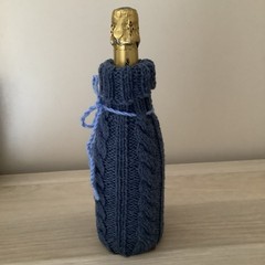 1 New Hand Knitted Blue Cable Pattern Wine Bottle Gift Bag