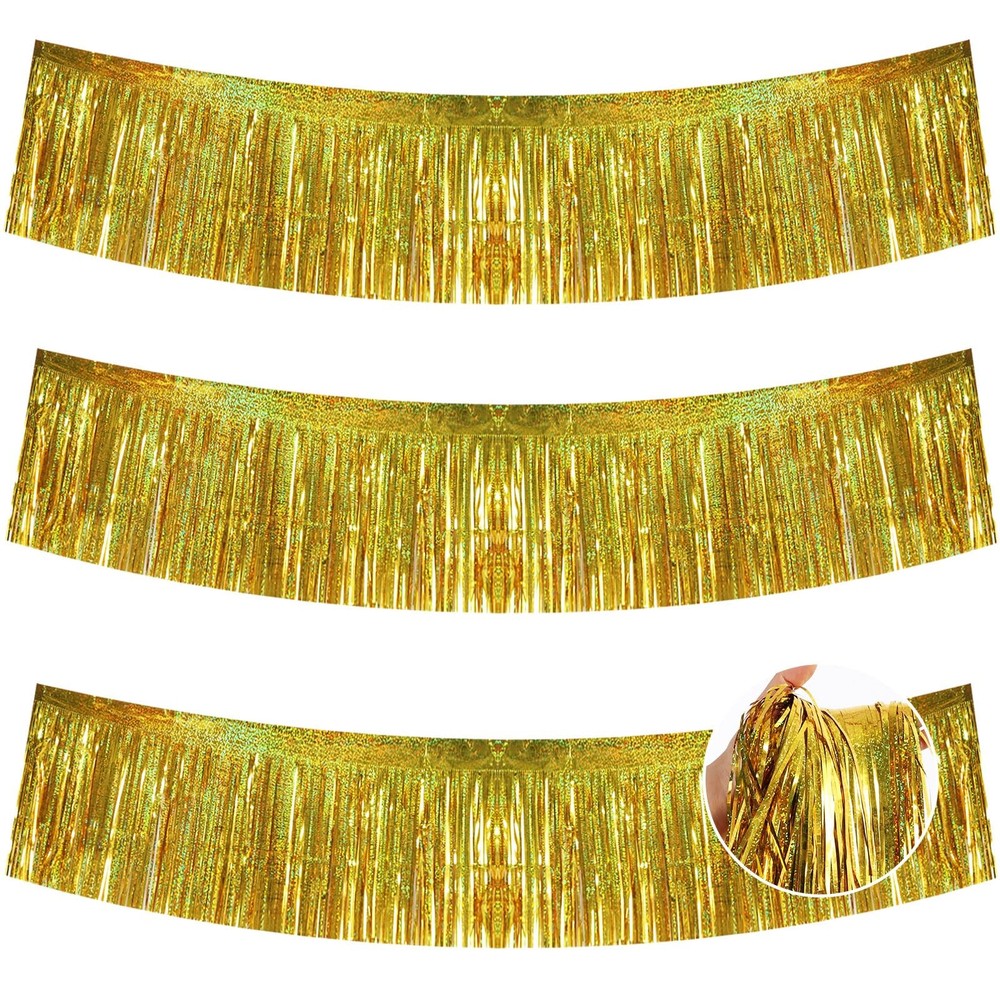 BEISHIDA 3 Packs 30 Feet Metallic Foil Fringe Garland Tinsel Laser Gold