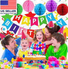 Colorful Birthday Decorations, Happy Birthday Banner with Honeycomb Balls, Stars