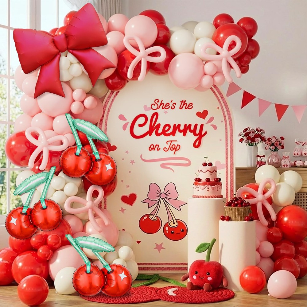 151PCS Cherry Balloon Garland Arch Kit with Red Light Pink Lvory White Pink L…