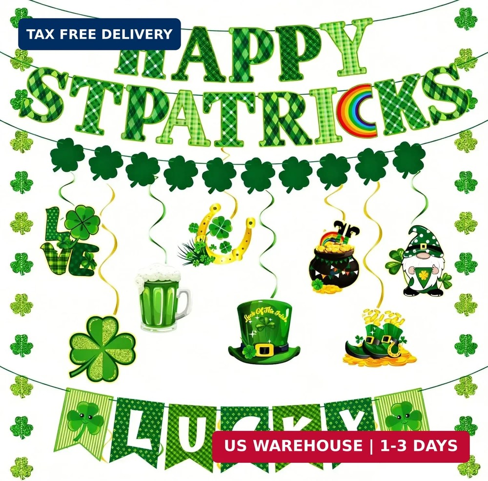 64Pcs St Patricks Day Decorations Kit Shamrock Lucky Banner Garlands Clover Hang