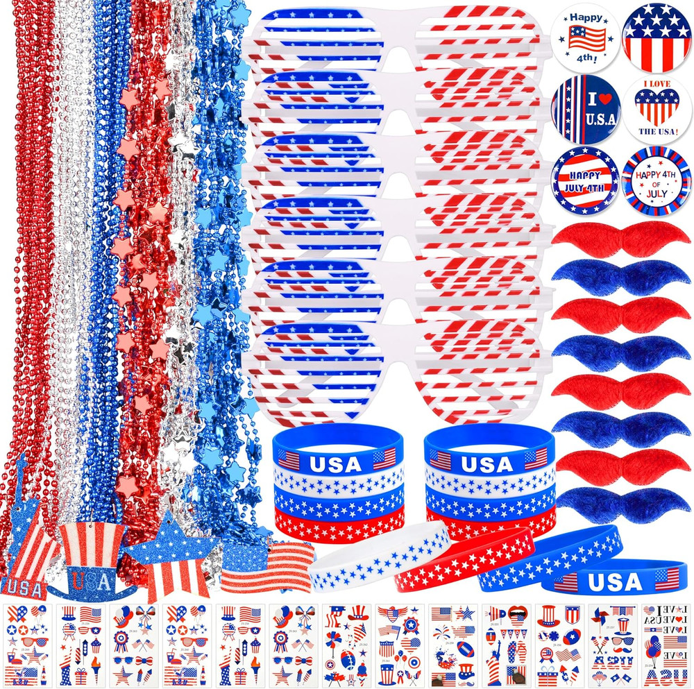 146Pcs Patriotic Accessories Including Glasses Necklaces Silicone Bracelets Tatt