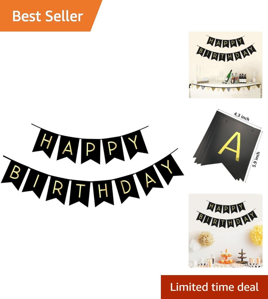 Black Happy Birthday Bunting Banner with Shiny Gold Letters Pre-Strung No DIY…