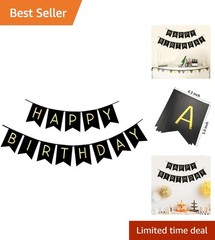 Black Happy Birthday Bunting Banner with Shiny Gold Letters Pre-Strung No DIY…