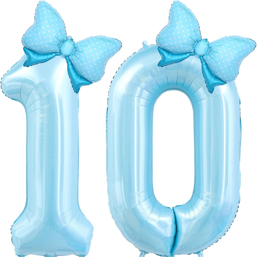 Light Blue 10 Balloon Number Blue Bow Decorations, Blue Bows Balloons Foil My…