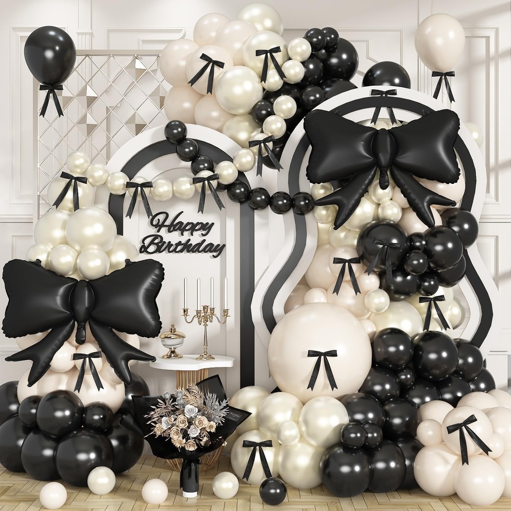 Black Bow Balloon Arch, Black White Coquette Decorations, Double Pearl Sand W…