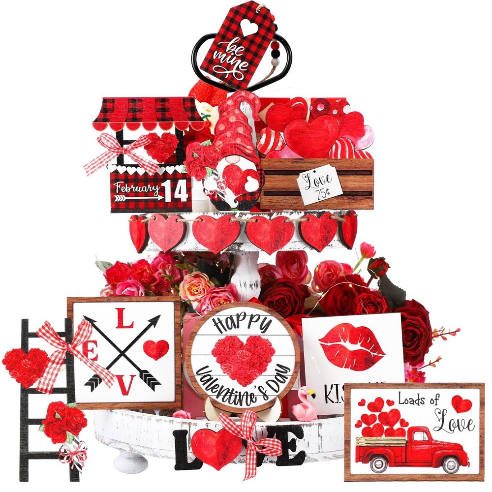 16 Pcs Valentine‘s Day Tiered Tray Decoration Valentines Day Decor