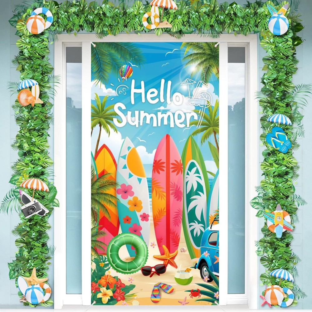 Hello Summer Decorations Beach Surfboard Slippers Door Banner Gift 35″x73″