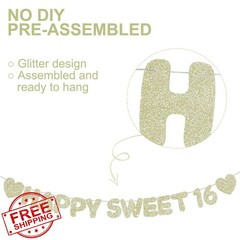 RICHHHA Glitter Happy Sweet 16 Banner, Pre-Strung Birthday Party Decor