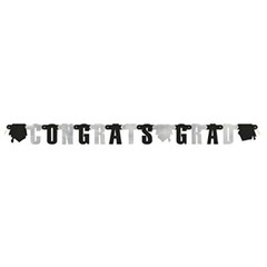 Congrats Grad Jointed Banner 4.5 Ft Graduation Caps Black Silver