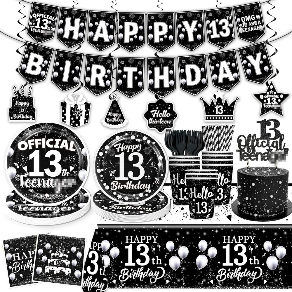 170pcs 13th Birthday Decorations for Boys Tableware Set, Black Themed 13th
