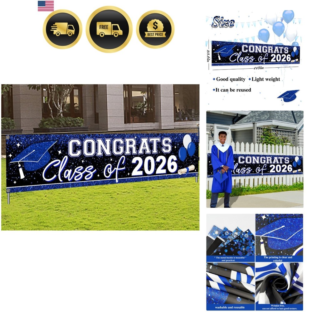 2026 Graduation Yard Sign Large Congrats Grad Banner Blue Class of 2026 Banne…