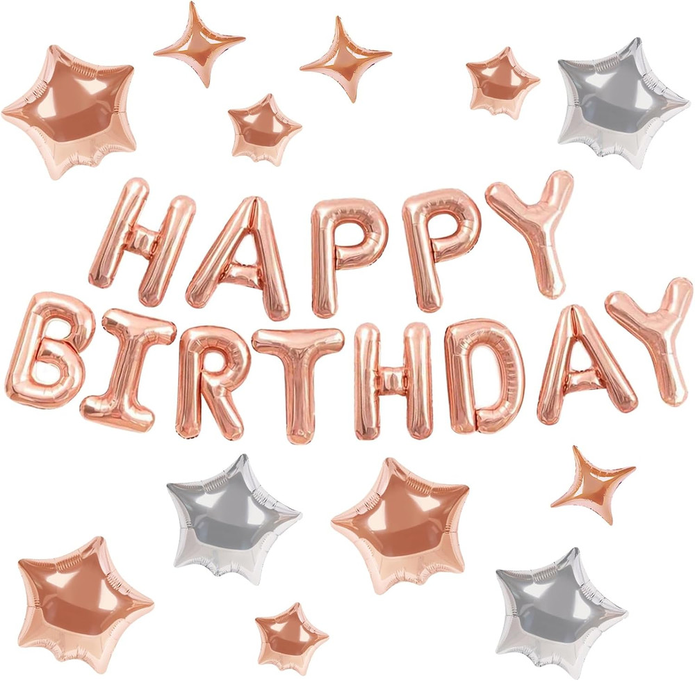 Happy Birthday Banner 13Pcs 16 Inch Mylar Foil Letters with 12Pcs Star Balloons