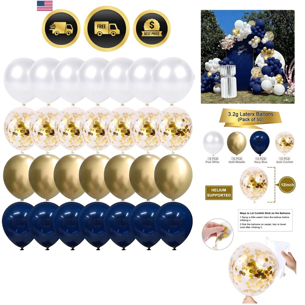 Navy Blue and Gold Confetti Balloons, 50 pcs 12 inch Pearl White and Gold Met…