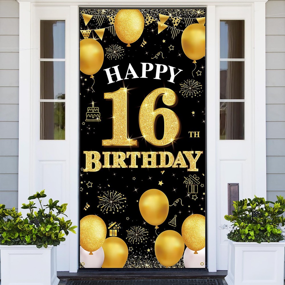 PHXEY Happy 16th Birthday Decorations for Girls and Boys, Black Gold