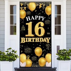 PHXEY Happy 16th Birthday Decorations for Girls and Boys, Black Gold