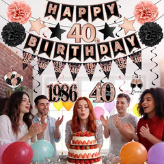 12PCS Black Rose Gold 40Th Birthday Decorations Kit for Women, Pre-Strung Happy