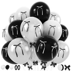 Black and White Bow Balloons 60pcs, Pearl White Black Balloons with Diy Ribbo…