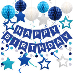Happy Birthday Party Decorations Set Banner Honeycomb Balls Blue Star Decor Kit