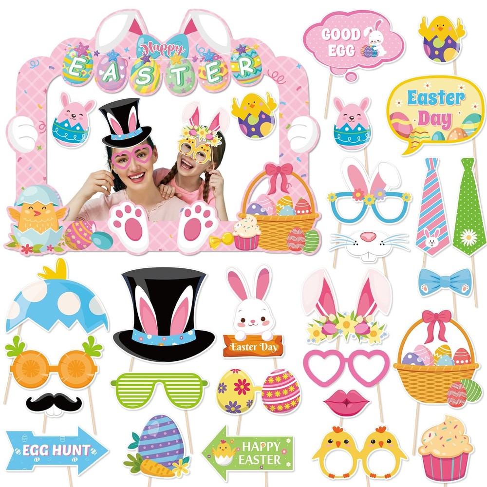 Happy Easter Photo Booth Props, 25pcs Easter Photo Props with Easter Photo Frame