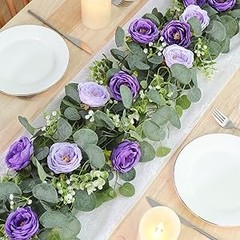 2 Pack 13Ft Artificial Eucalyptus Flower Garland with Purple Roses, Fake Rose